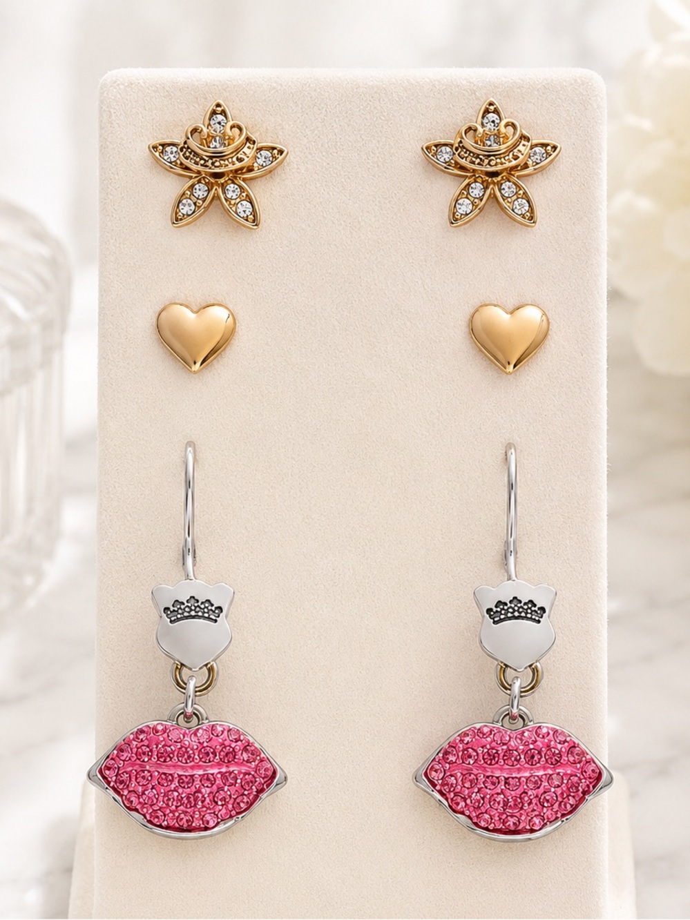 Juicy Couture Crystal Lips Heart Flower Earrings Gift Set Gold Silver NWT